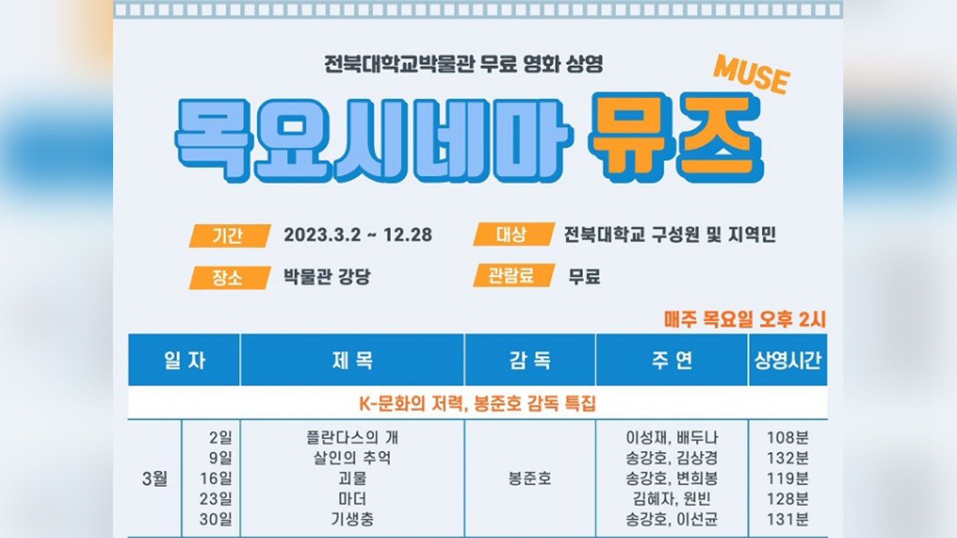전북대 박물관, 매주 목요일 무료 영화 상영..3월 