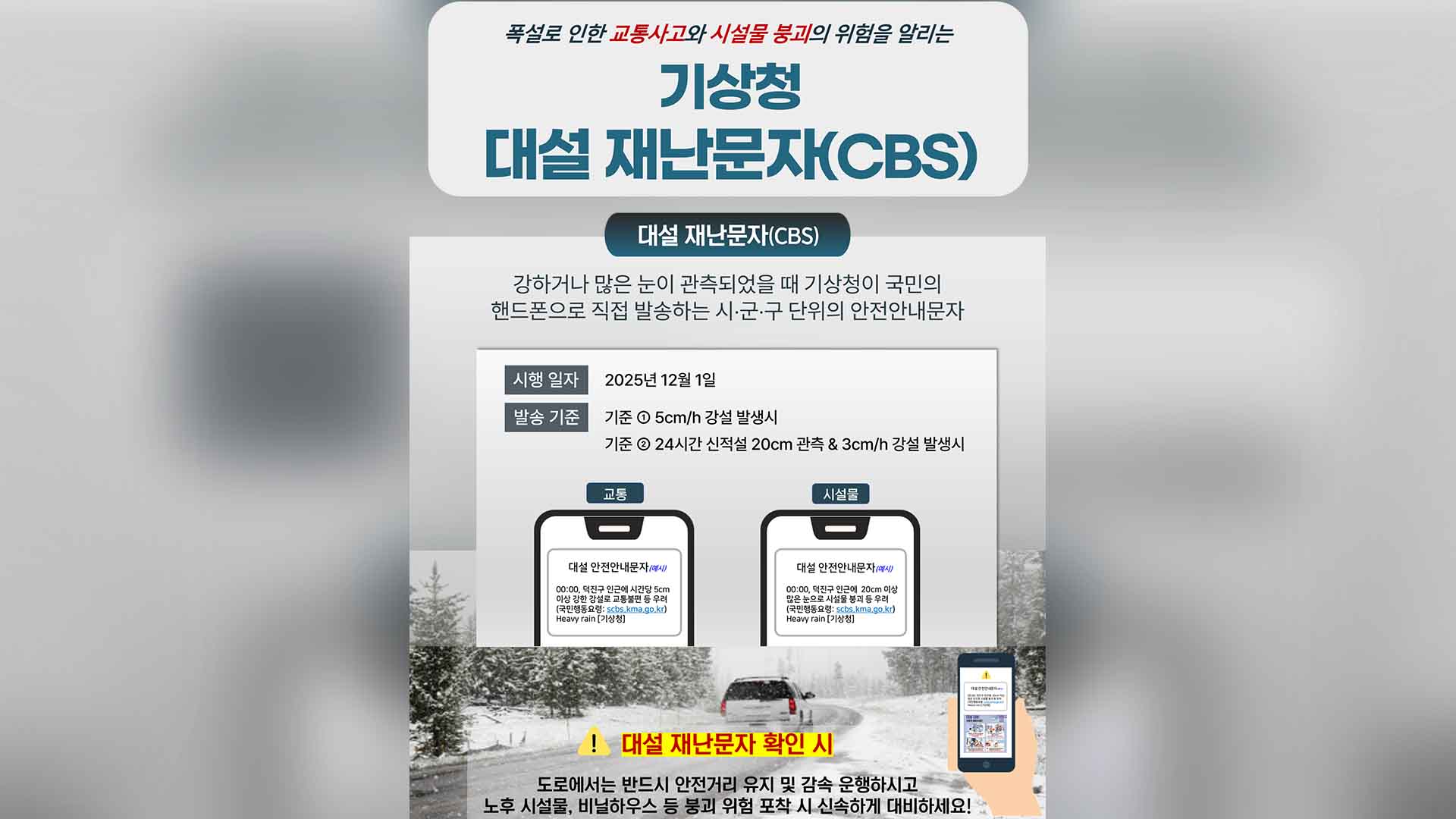 겨울철 폭설 상황도 재난 문자로.. 14개 시군 시범 운영